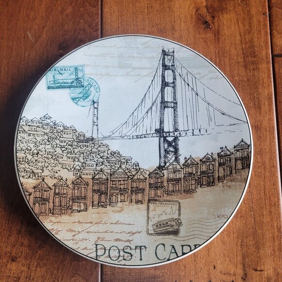 Pfalzgraff Cities Postcard Appetizer Dessert Plate Set of 6 Plates Blue Brown - Picture 4 of 9